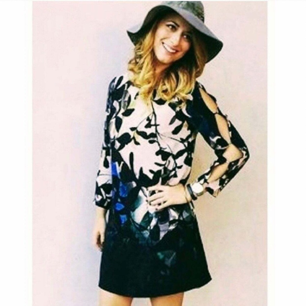 Anthropologie Maeve Shift Dress Size XS Black Shaded Garden Long Sleeve Cutout‎